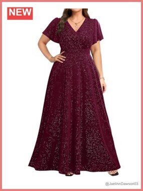 Plus Size Formal Evening Gown Maxi Dress Glitter V-Neck Ruffle Sleeve A-Line